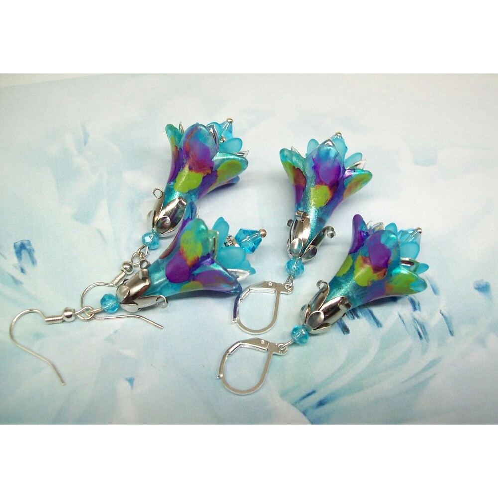 Boho Earrings Silver Floral, Hand Painted Artisan Crafted Flower Jewelry